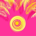 Summery t-shirt print with yellow palm leaves and hot sun on pink background