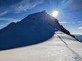 Summit ascent between combin de valsorey and combin de grafeneire on the grand combin massif. walk over glaciers