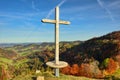 summit cross on the hill, autumn mood. the summit cross is on the hirzegg, Zurich oberland swiss alps Royalty Free Stock Photo