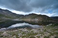 Summit Lake on Mount Evans, Colorado under dramatic summer cloudscape.