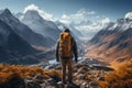 Summit serenity, hiker on mountain expedition, appreciating panoramic view from behind