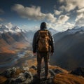 Summit serenity, hiker on mountain expedition, appreciating panoramic view from behind