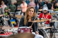 Summit of small drummers in the historic Dobele Market Square, Dozens of drummers play synchronously