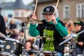 Summit of small drummers in the historic Dobele Market Square, Dozens of drummers play synchronously