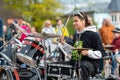 Summit of small drummers in the historic Dobele Market Square, Dozens of drummers play synchronously