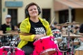 Summit of small drummers in the historic Dobele Market Square, Dozens of drummers play synchronously