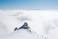 The summit of a snowy mountain with a clear blue sky on a sunny day overlooking the valley covered by fog Royalty Free Stock Photo