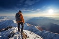 Summit victory Hiker achieves the peak of a snow covered mountain Royalty Free Stock Photo