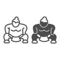 Sumo fighter, strong fat wrestler line and solid icon, asian culture concept, japanese sport vector sign on white