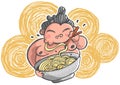 Sumo wrestler eating noodle