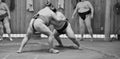 Sumo wrestler fighters tain in sumo stables preparing for sumo tournament held in Tokyo Japan Royalty Free Stock Photo