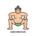 Sumo wrestler line illustration. Sumo fighter color vector icon. Japan national sport