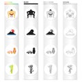 Sumo wrestler, Mount Fuji, bamboo, Japanese shoes, geta.Japan set collection icons in cartoon black monochrome outline Royalty Free Stock Photo