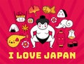 Sumo wrestler, puffer fish, sushi. Red banner, postcard with famous japanese symbols.