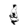 Sumo Wrestler or Rikishi Squatting Side View Retro Black and White Royalty Free Stock Photo