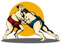 Sumo wrestlers grappling