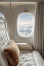 Sumptuous airplane cabin with a window view above the clouds