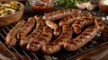 Sumptuous barbecue dinner with grilled sausages and delicious ingredients on table