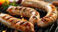 Sumptuous barbecue dinner with grilled sausages and tempting ingredients on clean table