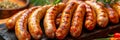 Sumptuous barbecue dinner perfectly grilled sausages on clean table realistic food photography