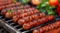 Sumptuous bbq dinner with grilled sausages on table, golden and tempting, realistic style Royalty Free Stock Photo