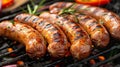 Sumptuous bbq feast with grilled sausages and tempting ingredients on a clean, tidy table. Royalty Free Stock Photo