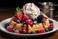 Sumptuous Belgian waffle with ice cream, fresh berries on wooden table Royalty Free Stock Photo