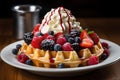 Sumptuous Belgian waffle with ice cream, fresh berries on wooden table Royalty Free Stock Photo