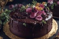 Sumptuous Chocolate Cake with Elegant Floral Decorations.