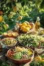 Sumptuous garden feast highlighting fresh salads and fruits, AI Generated