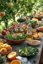 Sumptuous garden feast highlighting fresh salads and fruits, AI Generated