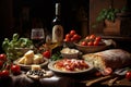 Sumptuous Italian food full table. Generate Ai