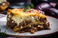 Sumptuous macro shot of Moussaka, a classic Greek casserole made with layers of eggplant, spiced beef, and potatoes Royalty Free Stock Photo