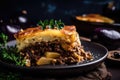 Sumptuous macro shot of Moussaka, a classic Greek casserole made with layers of eggplant, spiced beef, and potatoes Royalty Free Stock Photo