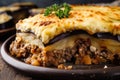 Sumptuous macro shot of Moussaka, a classic Greek casserole made with layers of eggplant, spiced beef, and potatoes Royalty Free Stock Photo