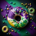 sweet purple and green icing on a ring donut, with sprinkles. style of mardi gras. created with generative ai tools. Royalty Free Stock Photo