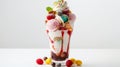 Sumptuous sundae with various scoops of ice cream, fruits, whipped cream, and sprinkles on a white table Royalty Free Stock Photo