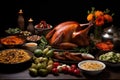 A sumptuous table brimming with an assortment of delectable dishes, centerpiece being a mouthwatering roasted turkey, A