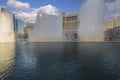 Sumptuous view of sights of Las Vegas against fountains of Bellagio hotel. Las Vegas.