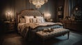A sumptuously furnished bedroom featuring a plush bed, and vintage decor creating a serene ambiance