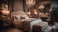 A sumptuously furnished bedroom featuring a plush bed, and vintage decor creating a serene ambiance