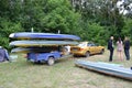 Sumy region, Ukraine, August 2019. Transportation of kayaks on the trailer after the end of the trip Royalty Free Stock Photo