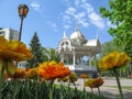 Park on Pokrovsky Square with a flower bed and vintage wooden carved arbor in Sumy