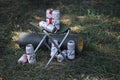 SUMY, UKRAINE - AUGUST 01, 2021: Few Cans of Budweiser Lager Alcohol Beer on fisherman chair outdoors. Budweiser is a Brand from