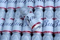 SUMY, UKRAINE - AUGUST 01, 2021: Many Cans of Budweiser Lager Alcohol Beer - Budweiser is a Brand from Anheuser-Busch Inbev