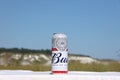SUMY, UKRAINE - AUGUST 01, 2021: One can of Budweiser Lager Alcohol Beer - Budweiser is a Brand from Anheuser-Busch Inbev Royalty Free Stock Photo
