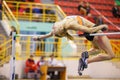 SUMY, UKRAINE - FEBRUARY 9, 2018: Alina Shukh - winner of pentathlon competition on Ukrainian indoor track and field