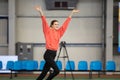 SUMY, UKRAINE - FEBRUARY 22, 2020: announcing Yaroslava Mahuchikh in final high jump contest at Ukrainian indoor track and field Royalty Free Stock Photo