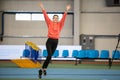 SUMY, UKRAINE - FEBRUARY 22, 2020: announcing Yaroslava Mahuchikh in final high jump contest at Ukrainian indoor track and field Royalty Free Stock Photo