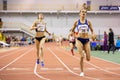 SUMY, UKRAINE - FEBRUARY 21, 2020: champion Nataliya Strebkova at the finish of 3000m race at Ukrainian indoor track and